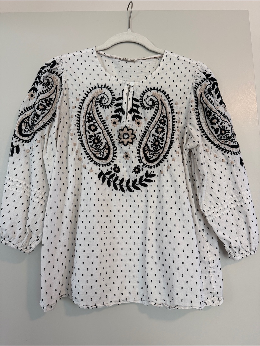 Fat Face White Peasant Blouse with Black Paisley Embroidery
